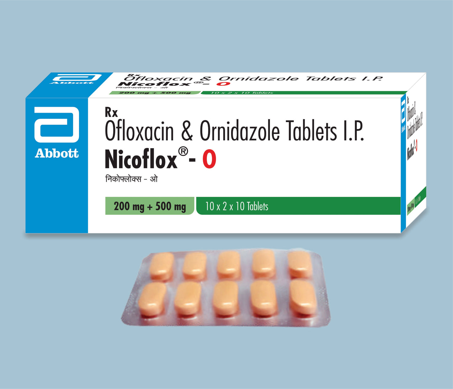 NICOFLOX O TABLETS 10Tabs ( Ofloxacin 200mg & Ornidazole 500mg ) by Abbott