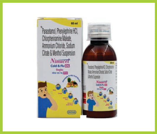 NIMUCET COLD & FLU DS SUS 60ML ( Each 5ml Paracetamol 250mg,Phenylepherin 5mg,CPM 2mg,Sodium Citrate 60mg,Ammonium chloride 120mg,Menthol 1mg ) by Intas