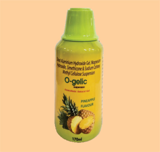 O-GELIC PINEAPPLE(BELL-CAP) (170 ML) Each 10ml Contains: Dried Aluminum Hydroxide I.P. 250mg + Magnesium Hydroxide I.P.  250mg + Simethicon  I.P. 50mg + Sodium Carboxymehtylcellulose I.P. 5mg  by Theon