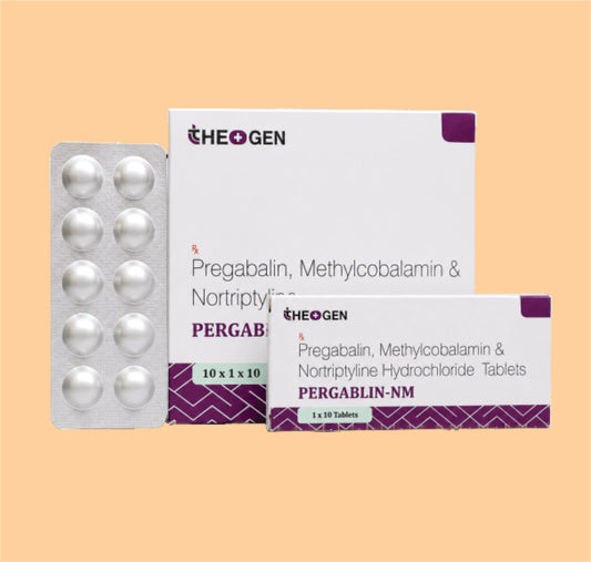 PERGABLIN-NM (10x1x10) Each Film Coated Tablet Contains: Pregabalin IP  75 mg  + Methylcobalamin IP  1500mcg + Nortriptyline Hydrochloride IP Eq. to Nortriptyline 10mg by Theon