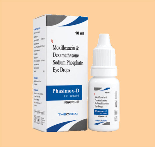 PHASIMOX-D EYE DROP (10ML Dripp of carton) Moxifloxacin Hydrochloride Ip eq. to Moxifloxacin 0.5% W/v Dexamethasone Phosphate 0.01% w/v Benzalkonium chloride IP 0.01% (As preservative) Sterile buffered equeous base q.s by Theon