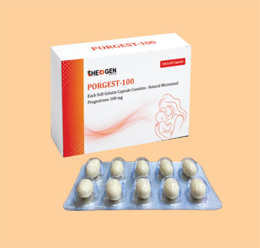 PORGEST-100 (10x1x10) Each Soft Gelatin Capsule Conatins : Natural Micronised Progestrone 100 mg by Theon