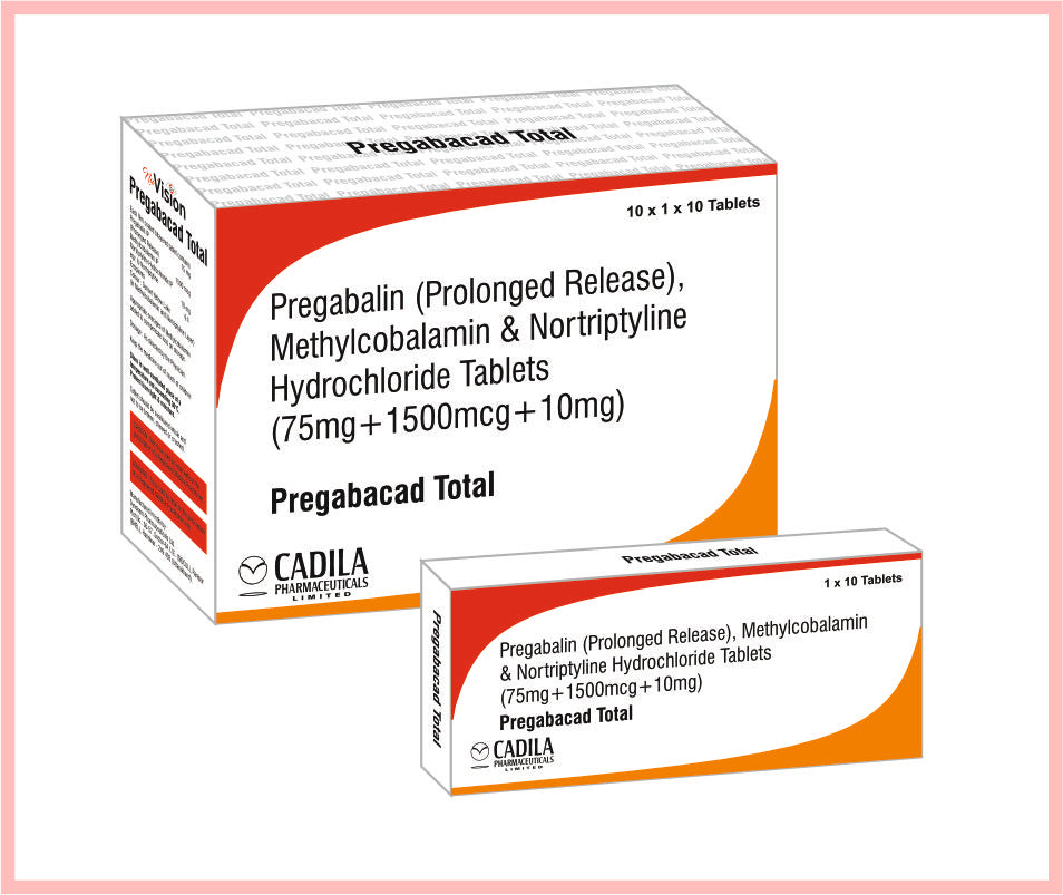 Pregabacad Total Tab 10X10 T 10 T ( Pregabalin 75Mg Sustained Release + Mecobalamin 1500 Mcg + Nortriptyline 10Mgâ  Tablets ) By Cadila