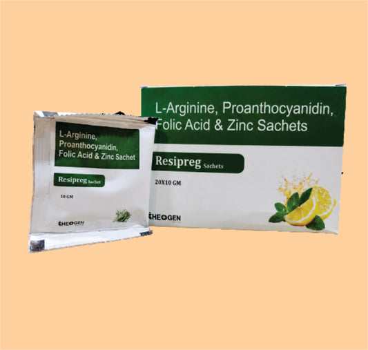 RESIPREG SACHET ((20x10 gm)) Each 5g  granules Contains: L- Arginine 3gm+Proanthocyanidine(95% Grape Seed Extract)75gm +Folic Acid 1mg by Theon