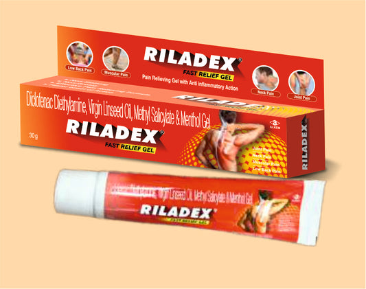 RILADEX FAST RELIEF GEL (30G) ( Diclofenac Sodium 2% W/W + Virgin Linseed Oil 3% W/W + Menthol 5% W/W + Methyl Salicylate 10% W/W In Gel Base ) Alkem1