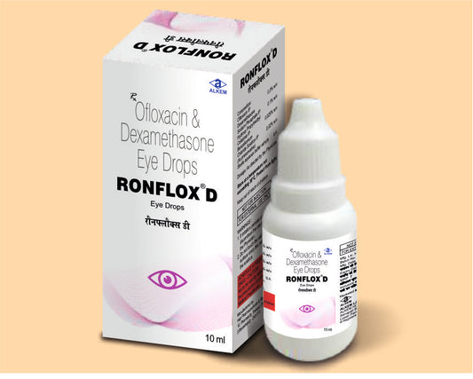 RONFLOX D EYE DROPS (10ML) ( Composition: Ofloxacin Ip 0.3% W/V,Dexamethasone Sodium Phosphate Ip 0.1% W/V, Hydroxy Propylmethyl Cellulose Ip ) Alkem1