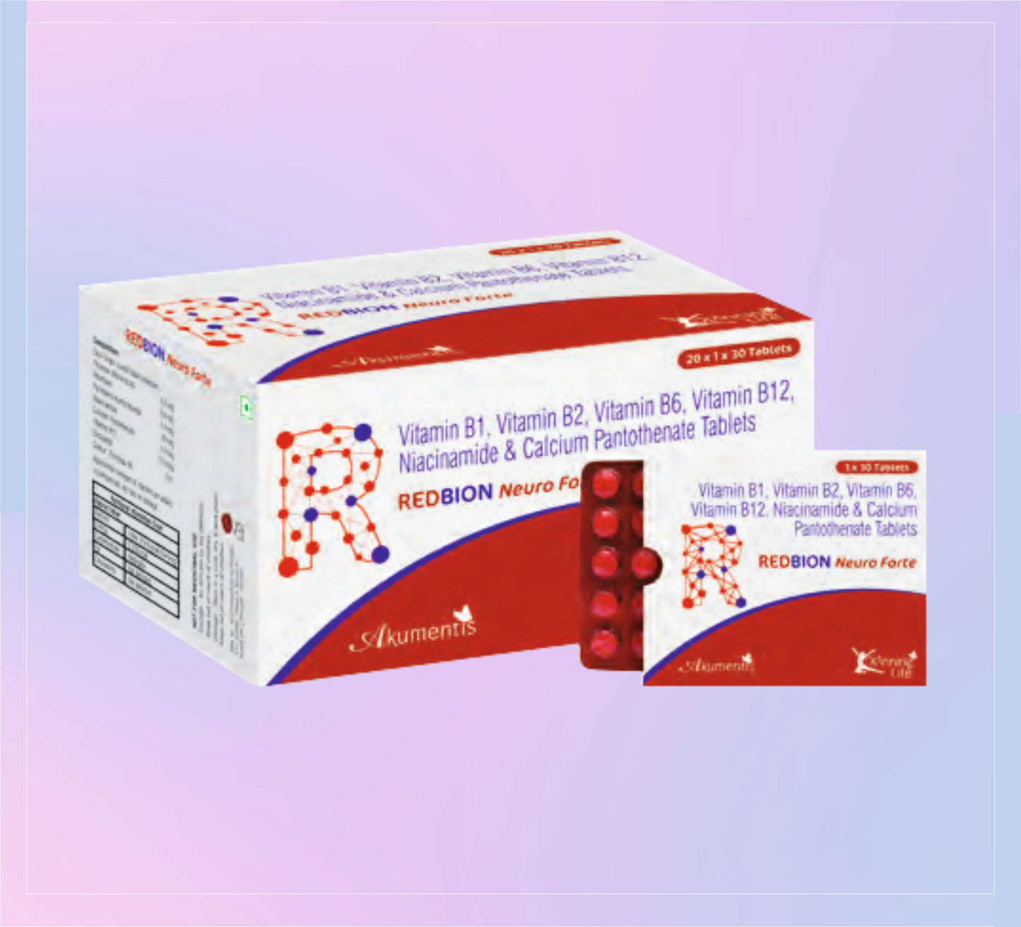 Redbion Neuro Forte Tab (Bl) 20x1x30 Thiamine 2 Mg + Riboflavin 20 Mg + Pyridoxine 0.5 Mg + Niacinamide 25 Mg + Calcium Pantothenate 1 Mg + Vitamin B12 1 Mcg   by Akumentis