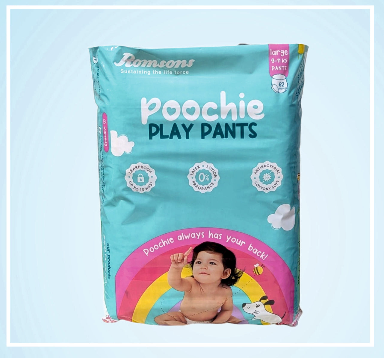 POOCHIE PLAY PANTS 40s (S), 32s (M), 28s (L), 24s (XL)Size 78, 74, 62, 54