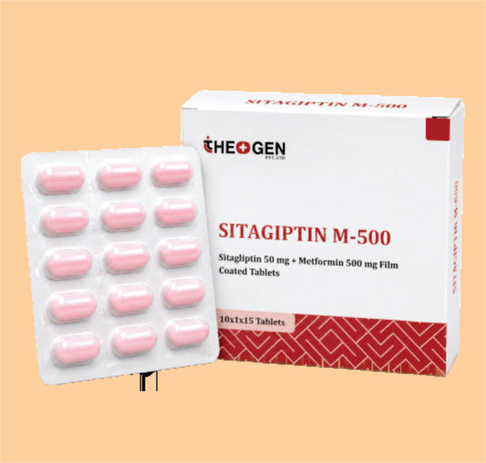 SITAGIPTIN M-500 (10X1X15) Sitagliption 50 mg + Metformin 500 mg Film Coated Tablets by Theon