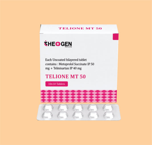 TELIONE MT 50 (10x10) Each Uncoated bilayered tablet contains :  Metoprolol Succinate IP 50 mg + Telmisartan IP 40 mg by Theon