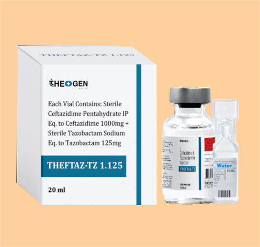 THEFTAZ-TZ 1.125 (20 ML VIAL WITHOUT TRAY + 10 ML WFI) Each Vial Contains: Sterile Ceftazidime Pentahydrate IP Eq. to Ceftazidime 1000mg + Sterile Tazobactam Sodium Eq. to Tazobactam 125mg by Theon