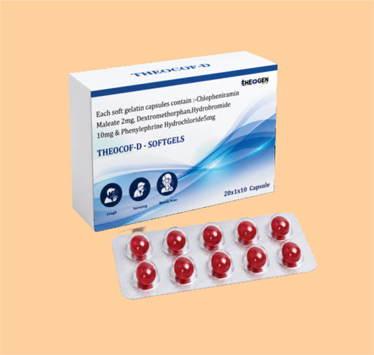 THEOCOF-D - Softgels (20x1x10) Each soft gelatin capsules contain :-Chlopheniramin Maleate 2mg, Dextromethorphan,Hydrobromide 10mg & Phenylephrine Hydrochloride5mg by Theon