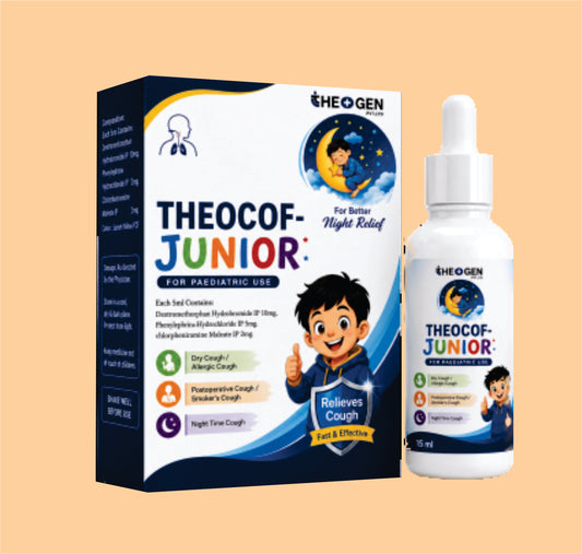 THEOCOF-JUNIOR (60ML) Each 5ml Contains: Dextromethorphan Hydrobromide IP 10mg , Phenylephrin hydrochloride IP 5mg, chlorpheniramine Maleate IP 2mg by Theon