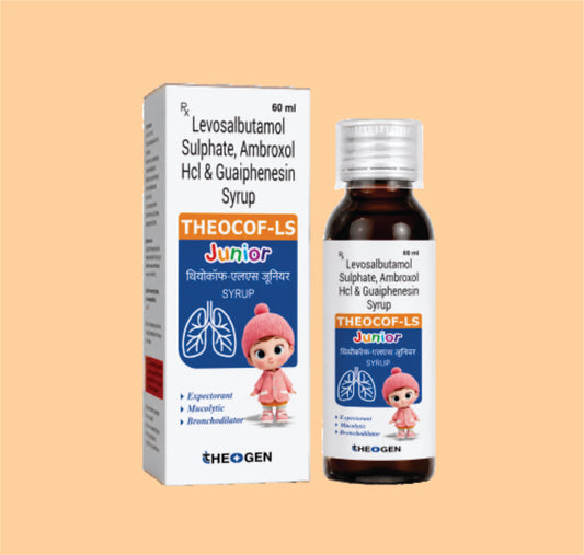 THEOCOF-LS JUNIOR (60 ML) Each 5 ml contains: Ambroxol Hydrochloride IP 15 mg , Levosalbutamol Sulphate IP 0.5mg,  Guaiphenesin IP 50 mg /5ml Syrup by Theon