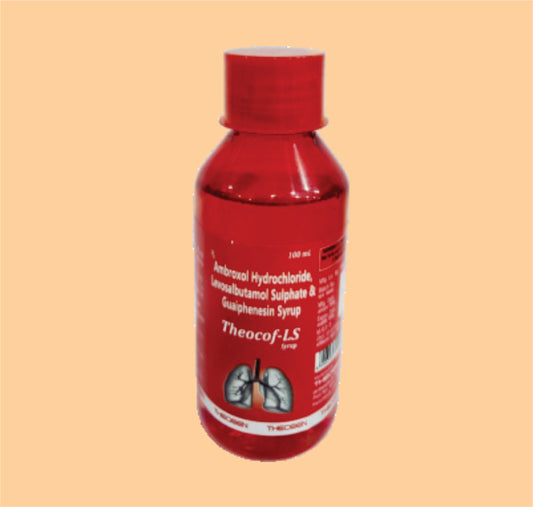 THEOCOF-LS SYP (100 ML) Each 5 ml contains: Ambroxol Hydrochloride IP 30 mg ,Guaiphenesin IP 50 mg ,Levosalbutamol Sulphate IP eq. to Levosalbutamol 1 mg Flavoured Syrupy base q.s. by Theon