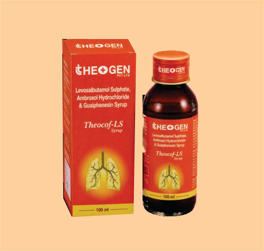 THEOCOF-LS WITH CARTON (100 ML) Each 5 ml contains: Ambroxol Hydrochloride IP 30 mg ,Guaiphenesin IP 50 mg ,Levosalbutamol Sulphate IP eq. to Levosalbutamol 1 mg Flavoured Syrupy base q.s. by Theon