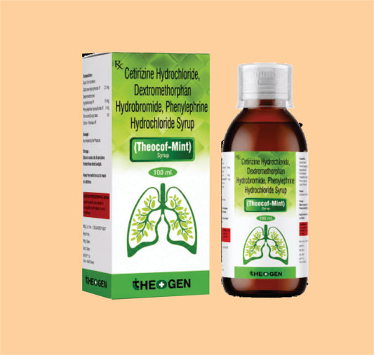THEOCOF MINT 100 ML (100ML) Each 5ml Contains: Citirizine hydrochloride IP 5mg, dextromethorphan Hydrobromide I.P. 5MG & phenylephrine hydrochloride I.P 2.5mg by Theon