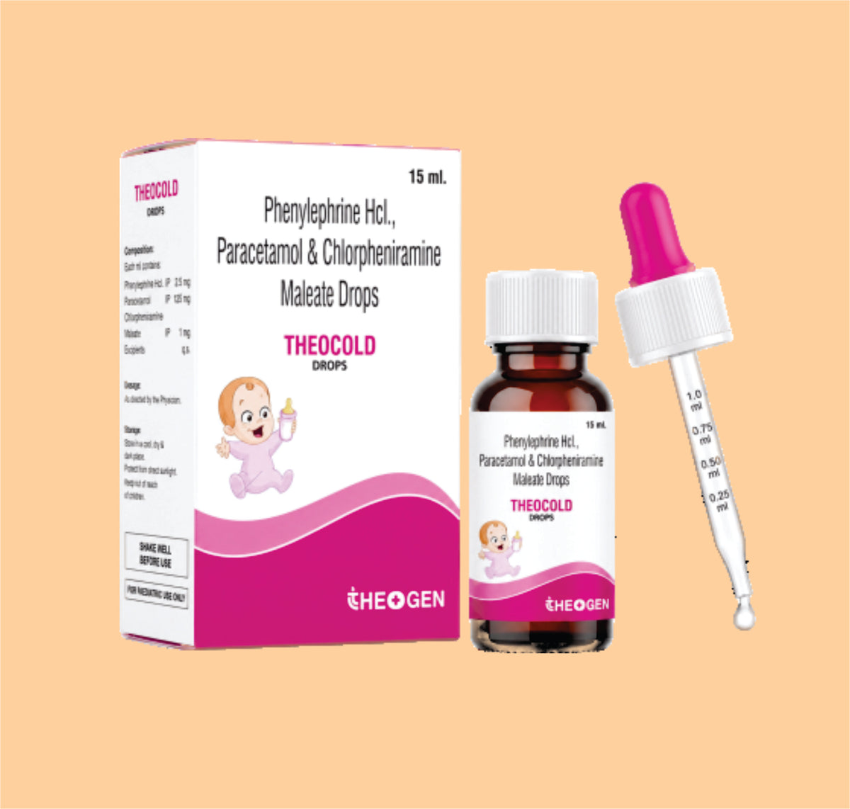 THEOCOLD DROP (15ML) Each Ml contais:- Phenylephrine HCL I.P. 2.5 mg , Paracetamol I.P 125Mg, Chlorpheniramine Maleate I.P 1.0 Mg by Theon