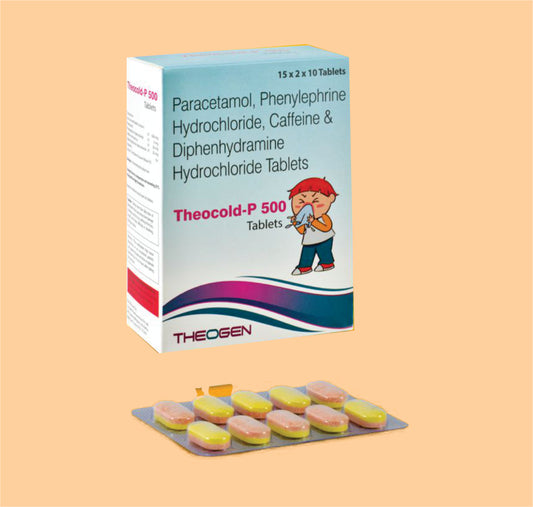 THEOCOLD P -500 TAB (15x2x10) Each uncoated tablet contains:- paracetamol 500mg, phenylephrin 5mg+ diphenhydramine 25mg + caffeine 30mg by Theon