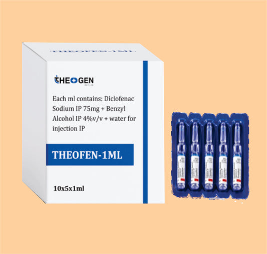 THEOFEN-1ML INJ (10*5*1ml ) Each ml contains: Diclofenac Sodium IP 75mg + Benzyl Alcohol IP 4%v/v + water for injection IP by Theon
