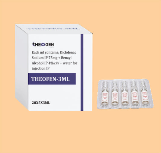 THEOFEN-3ML INJ (20X5X3ML) Each ml contains: Diclofenac Sodium IP 75mg + Benzyl Alcohol IP 4%v/v + water for injection IP by Theon