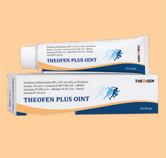 THEOFEN PLUS OINT (25x30gm) Diclofenac Diethylamine BP 1.16% w/w (Eq to Diclofenac Sodium 1% w/w) + Linseed oil BP 3.0% w/w + Methyl Salicylate IP 10% w/w + Menthol IP 5% w/w + Benzyl Alcohol IP 1% w/w by Theon