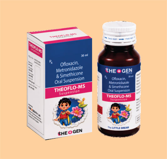 THEOFLO MS 30ML (30 ML) Each 5ml Contains: Ofloxacin IP  50 mg + Metronidazole Benzoate IP 120mg+ Simethicone IP 10mg by Theon