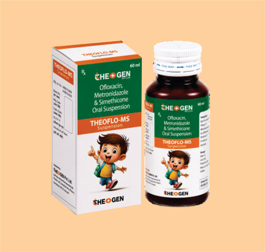 THEOFLO MS 60ML (60 ML) Each 5ml Contains: Ofloxacin IP  50 mg + Metronidazole Benzoate IP 120mg+ Simethicone IP 10mg by Theon
