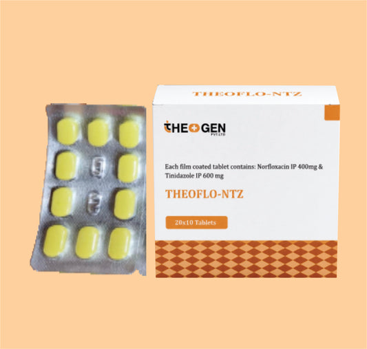 THEOFLO-NTZ (10x4x10) Each film coated tablet contains: Norfloxaxcin  IP 400mg & Tinidazole IP 600 mg by Theon