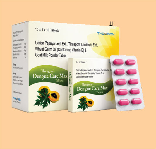 THEOGEN'S DENGUE CARE TABLET (10X1X10) Each Tablet Contains Erandakarkati (Carica Papaya) Lf. Ext 350MG,Guduchi (Tinospora cordifolia) St. Ex.150MGWheat germ Oil (Triticum sativum) Sd. (Containing Vitamin E)100 MG,Goat Milk Powde 40MG by Theon
