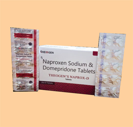 THEOGEN'S NAPROX-D TAB (20X10) EACH FILM COATED TABLET  CONTAINS:DOMPERIDONE MALEATE IP EQUIVALENT TO DOMPERIDONE 10MG NAPROXEN SODIUM USP 500MG EQUIVALENT TO NAPROXEN 500MG by Theon