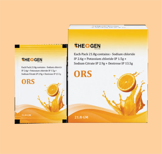 THEOGEN'S ORS (21.8gm) Each Pack 21.8g contains:- Sodium chloride IP 2.6g + Potassium chloride IP 1.5g + Sodium Citrate IP 2.9g + Dextrose IP 13.5g by Theon
