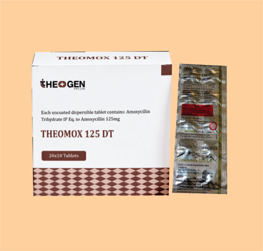 THEOMOX 125 DT (20x10) Each uncoated dispersible tablet contains: Amoxycillin Trihydrate IP  Eq. to Amoxycillin 125mg  by Theon