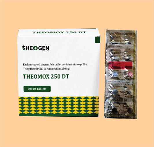 THEOMOX 250 DT (20x10) Each uncoated dispersible tablet contains: Amoxycillin Trihydrate IP  Eq. to Amoxycillin 250mg  by Theon