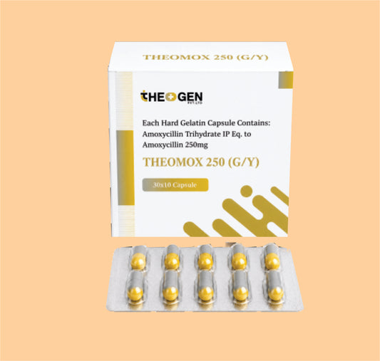 THEOMOX 250 (G/Y) (30X10) Each Hard Gelatin Capsule Contains: Amoxycillin Trihydrate IP Eq. to Amoxycillin 250mg by Theon