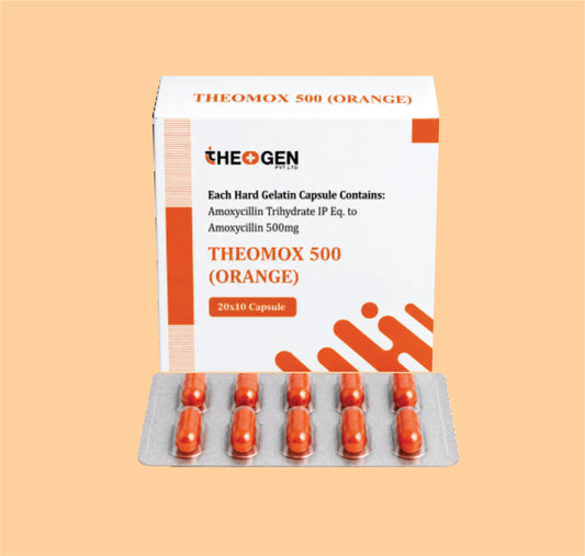 THEOMOX 500 CAP (ORANGE) (20x10) Each Hard Gelatin Capsule Contains:  Amoxycillin Trihydrate IP Eq. to Amoxycillin 500mg by Theon