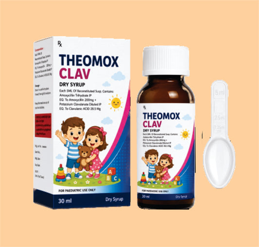 THEOMOX CLAV DS (WITH GLASS WFI) (30ml ) Each 5ml of reconstituted Susp. Contains: Amoxycillin Trihydrate IP Eq. to amoxycillin 200mg + Potassium Clavulanate Diluted IP Eq. to Clavulanic Acid 28.5mg  by Theon