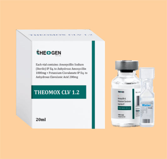 THEOMOX CLV 1.2 INJ (20ml) Each vial contains: Amoxycillin Sodium (Sterile) IP Eq. to Anhydrous Amoxycillin 1000mg + Potassium Clavulanate IP Eq. to Anhydrous Clavulanic Acid 200mg by Theon