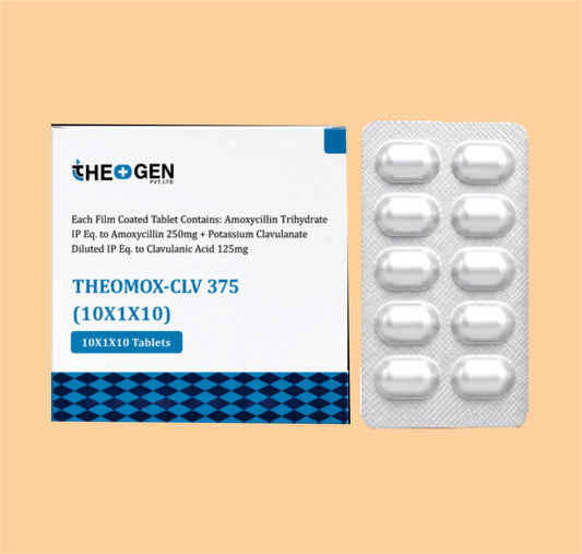 THEOMOX-CLV 375 (10X1X10) ( 10X1X10) Each Film Coated Tablet Contains: Amoxycillin Trihydrate IP Eq. to Amoxycillin 250mg +  Potassium Clavulanate Diluted IP Eq. to Clavulanic Acid  125mg by Theon