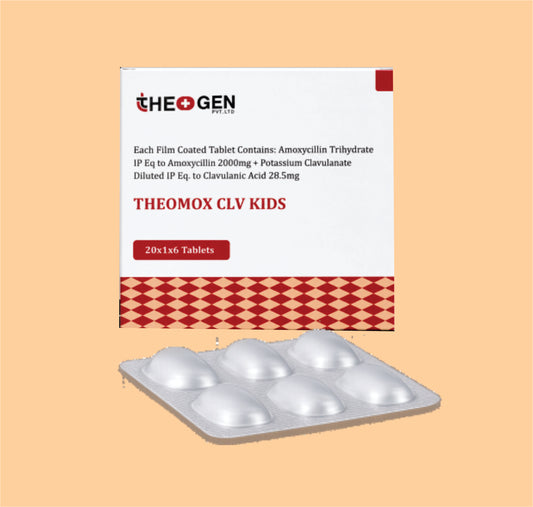 THEOMOX CLV KIDS (20x1x6 ) Each Film Coated Tablet Contains: Amoxycillin Trihydrate IP Eq to Amoxycillin 200mg +  Potassium Clavulanate Diluted IP Eq. to Clavulanic Acid  28.5mg by Theon
