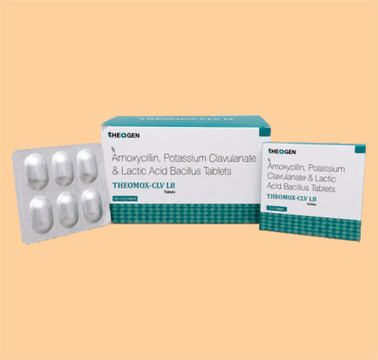 THEOMOX CLV LB TAB 20X1X6 (20x1x6 ) Each film coated tablet contains: Amoxycillin Trihydrate IP Eq. to Amoxycillin 500mg + Potassium Clavulanate Diluted IP Eq. to Clavulanic Acid 125mg + Lactic Acid bacillius 60 Million spores by Theon