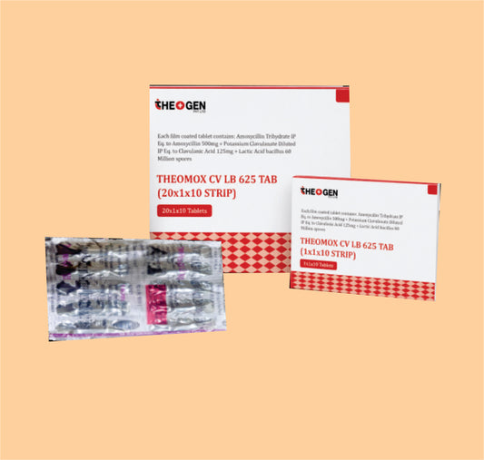 THEOMOX CV LB 625 TAB (20x1x10 STRIP) ( 20X1X10) Each film coated tablet contains: Amoxycillin Trihydrate IP Eq. to Amoxycillin 500mg + Potassium Clavulanate Diluted IP Eq. to Clavulanic Acid 125mg + Lactic Acid bacillius 60 Million spores by Theon