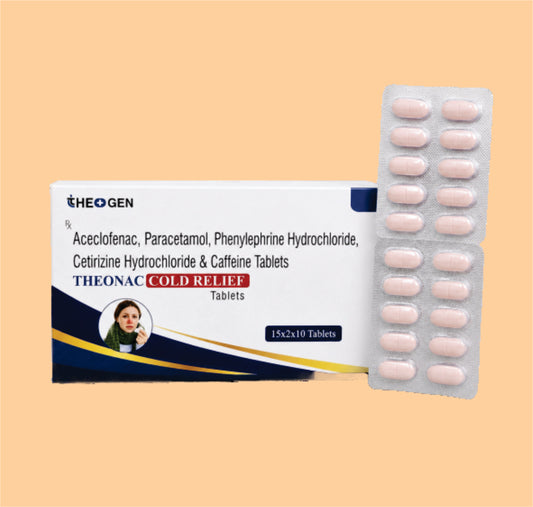THEONAC COLD RELIEF (15x2x10) Each film coated tablet contains: Aceclofenac 100mg, Paracetamol 325mg, Cetirizine Dihydrochloride 10mg, Phenylephrine Hydrochloride 5mg, Caffeine (Anhydrous) 25mg by Theon