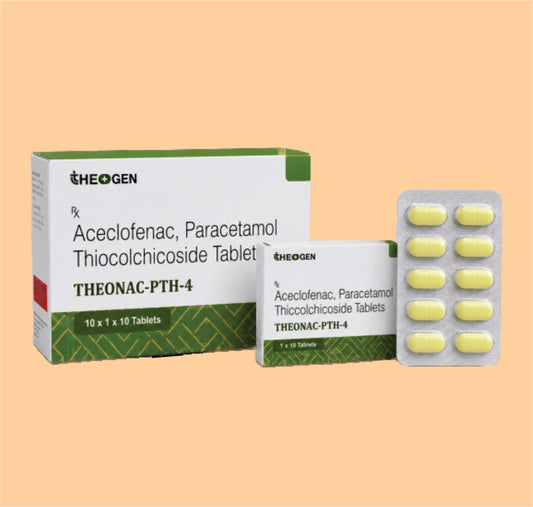 THEONAC-PTH-4 BLISTER (10x1x10 ) Each Film Coated Tablet Contains: Aceclofenac IP 100mg + Paracetamol IP 325mg + Thiocholchicoside IP 4mg by Theon