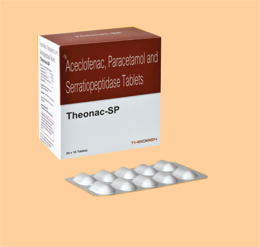 THEONAC SP TAB (20X10) (20x10 ) Each Film Coated Tablet Contains: Aceclofenac I.P. 100mg + Paracetamol I.P.  325mg + Serratiopeptidase I.P 10mg (30000 enteric coated units) by Theon