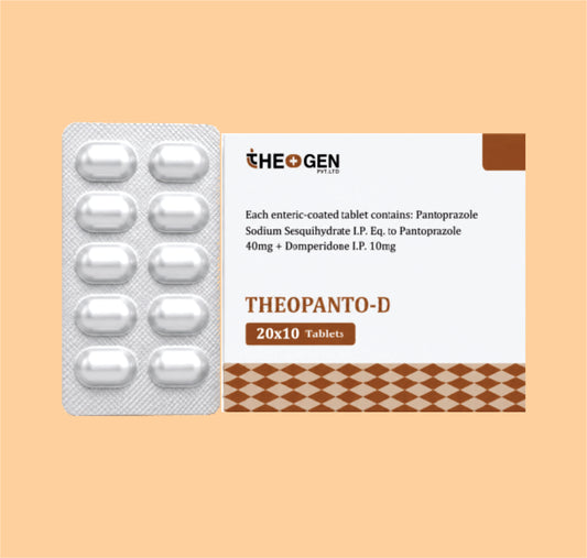 THEOPANTO-D (20x10) Each enteric coated tablet contains: Pantoprazole Sodium Sesquihydrate I.P. Eq. to Pantoprazole 40mg + Domperidone I.P. 10mg by Theon