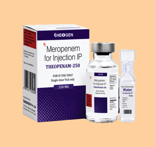 THEOPENAM-250 (7.5 ML VIAL WITH TRAY + 5 ML WFI) Each Vial Contains: Sterile Meropenem IP  250mg And Sterile Sodium Carbonate IP (Sodium 22.55mg) by Theon