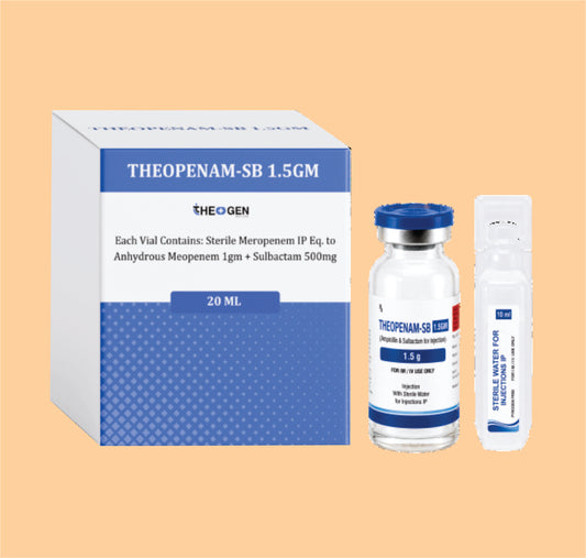 THEOPENAM-SB 1.5GM (20 ML VIAL WITH TRAY + 20 ML WFI) Each Vial Contains: Sterile Meropenem IP Eq. to Anhydrous Meopenem 1gm + Sulbactam 500mg by Theon