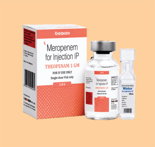 THEOPENEM 1 GM INJ. (20 ML VIAL WITH TRAY + 20 ML WFI) Each Vial Contains: Sterile Meropenem IP Eq. to Anhydrous Meopenem 1gm Also contains Sterile Sodium Carbonate IP (Sodium 90.2mg) by Theon