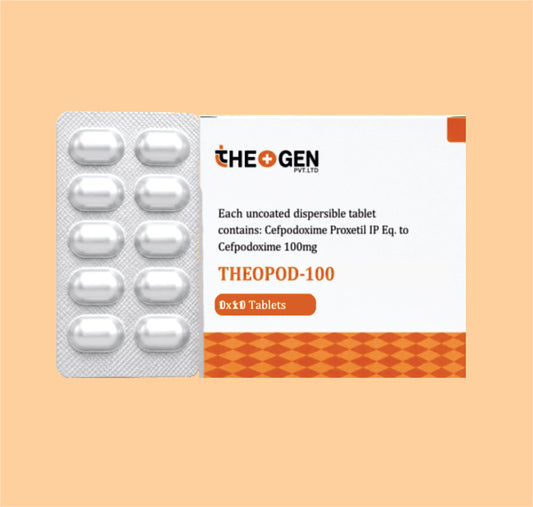 THEOPOD-100 (ALU-ALU) (10x1x10) Each uncoated dispersible tablet contains: Cefpodoxime Proxetil I.P Eq. to Cefpodoxime 100mg by Theon